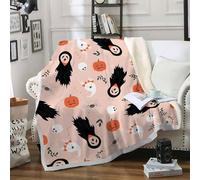 Ghost Print Soft Cozy Sherpa Fleece Blanket for Kids - Spooky Style Fluffy Pink Throw - 100x130 cm Witch Print Thick Warm Blankets for Winter, Autumn, Bed, Sofa A181