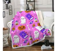 Ghost Print Soft Cozy Sherpa Fleece Blanket for Kids - Spooky Style Fluffy Pink Throw - 130x180 cm Black Cat Print Thick Warm Blankets for Winter, Autumn, Bed, Sofa A191