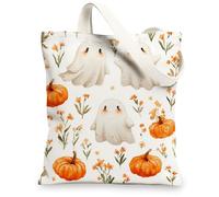 Ghost Pumpkin Canvas Tote Bags, Cute Halloween Design Reusable Grocery Bags, Lightweight Washable Shoulder Strap Canvas Bags for Shopping Travel Picnic 13x15 Inch