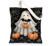 Ghost Pumpkin Canvas Tote Bags, Cute Halloween Pattern Reusable Grocery Bags, Lightweight Washable Shoulder Strap Canvas Bags for Gym Outdoor Travel Beach Picnic 13x15 Inch