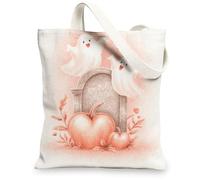 Ghost Pumpkin Canvas Tote Bags, Cute Halloween Pattern Reusable Grocery Bags, Lightweight Washable Shoulder Strap Canvas Ba, Peach, 13x15 Inch