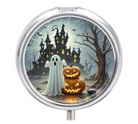 Ghost Pumpkin Castle Pill Box 3 Compartment Metal Round Pill Case Travel Pill Organizer Small Portable Medicine Vitamin Container for Purse and Pocket to Hold Vitamins Supplements