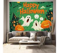 Ghost Pumpkin Castle Tapestry Happy Halloween Wall Hanging Backdrop Wall Art Green Home Decor for Halloween Party Decor Portrait Photo Booth Props
