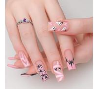 Ghost Pumpkin Halloween Press-On Nails Kit - Soft Pink Square False Nails with Festive Holiday Designs, Ghosts, Bats & Glossy Finish for Easy Seasonal Application