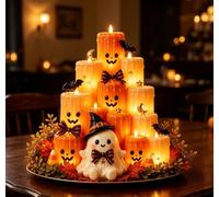 Ghost Pumpkin Halloween Tabletop Ornament, Multi Layer Flameless LED Candle | Realistic Dripping Wax Flickering Light, Battery Operated Mantel Decor for Shelf Dining Table Halloween Party Decoration