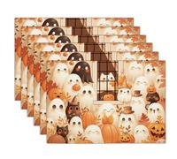 Ghost Pumpkin Table Fabric Placemats Set of 6, Durable Machine Washable Reusable Halloween Theme Cotton Linen Non-Slip Table mats for Party Holiday Decor and Everyday Use (45x30cm, Orange)
