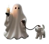 Ghost & Pup Candle Holder, Whimsical Halloween Figurine, Cute Ghost Dog Figurine Holding a Candlestick, Ghosts Walking Dog Statue, House Party Display Ghost Decorations