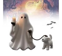 Ghost & Pup Candle Holder | Whimsical Halloween Figurine, Ghosts Walking Dog Statue, Cute Ghost Dog Figurine Holding a Candlestick, Halloween Tabletop Tray Decorations
