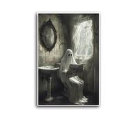 Ghost Reader in the Bathroom Dark College Style Haunted House Wall Decor Gothic Horror Poster for Home Office and Mysterious Space