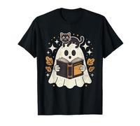 Ghost Reading Book Halloween Library Black Cat Fall T-Shirt