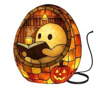 Ghost Reading Book Lamp, Cute LED Night Light with Stained Glass Design, Halloween Decor for Book Lovers, Unique Library Lamp for Readers, Back to School Gift
