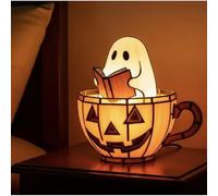 Ghost Reading Book Lamp, Halloween Ghost Reading LED Lamp, Cute Ghost Reader in Pumpkin Cup LED Light for Tabletop Bedroom Outdoor Table Desktop Party