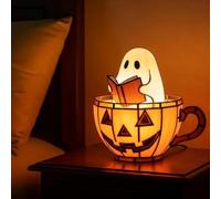 Ghost Reading Book Lamp,Handmade Halloween Ghosts Reading Night Light Up,Cute Ghost Reader in Pumpkin Cup LED Light for Tabletop Bedroom Outdoor Table Desktop Party