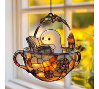 Ghost Reading Book Ornament,Cute Spooky Ghost Reader Suncatcher Window Hanging Decoration for Home Office Car,for Book Lovers and Librarian Gift Halloween Party