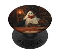 Ghost Reading Book With Black Cat In Library Halloween PopSockets Adhesive PopGrip