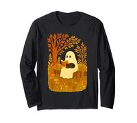 Ghost Reading Book with Cat Tee Autumn Vibes Halloween Long Sleeve T-Shirt