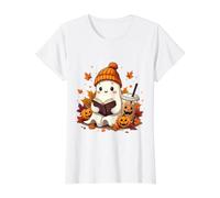 Ghost Reading Book with Fall Leaves Halloween Coffee Lovers Value Graphic T-Shirt, Women, White, XS