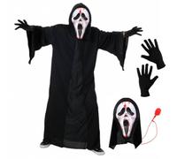 Ghost Screamer Costume Set - Blood Pump Ghost Face Mask, Black Hooded Robe & Black Gloves - Halloween Horror Fancy Dress Outfit for Adults