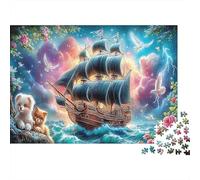 Ghost Ship Cardboard Teddy Bears with Pirate Ship at Sea Premium Jigsaw Puzzle Brain Training Home Decor 52x38cm/1000pcs