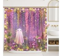 Ghost Shower Curtain, Fanciful Violet Floral Bathroom Decor, Halloween Autumn Fairy Tale Waterproof Fabric Shower Curtain with Hooks 72x84 Inch