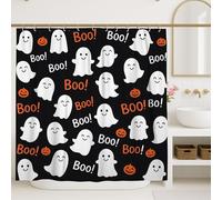 Ghost Shower Curtain, Halloween Black White Orange Decor, Fun Playful Waterproof Fabric Bathroom Set with Hooks 72x84 Inch