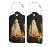 Ghost Sits at The Table Luggage Tag for Suitcase 2 Pack Leather Luggage Tag with Privacy Flap Name Id Label and Metal Loop for Women Men Travel