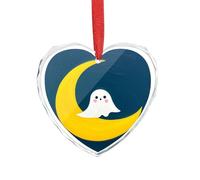 Ghost Sits on The Moon Heart Ornament Xmas Tree Decoration - Elegant Valentine's Day Ornaments, Crystal Glass Heart Shaped Christmas Ornaments for Tree, Home & Gift Giving