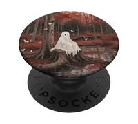 Ghost Sitting by Autumn Forest Lake with Birds Halloween PopSockets Adhesive PopGrip