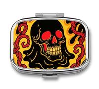 Ghost Skull Pill Box - 2 Compartment Travel Pill Organizer with Small Mirror, Portable Pillcase for Pocket & Purse, Cute Square Medicine Case, Weekly Medicine Container