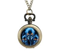 Ghost Skulls in Blue Flames Vintage Pocket Watch And Chain Arabic Numerals Scale Necklace Watch Gifts for Men Women