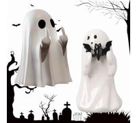 Ghost Statue Halloween - An interesting ghost statue holding a bat, Spooky Cute Halloween Ghosts Figurine,Ghost Decor Holding Bat,Table Shelf Display Ornaments for Halloween Decorations Gift (A+C)
