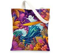 Ghost Surfing Reusable Canvas Tote Bags Colorful Beach Pattern Reusable Grocery Bags Tropical Artistic Lightweight Washable, With colour, 13x15 Inch
