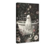 Ghost Takes A Bath Tub in Flower Forest Print, Dark Academia, Ghost Bathtub Portrait Halloween, Vintage Poster, Gothic Painting 12x18inch(30x45cm) Frame