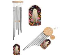 Ghost with Colorful Flowers Wind Chimes Memorial Deep Tone Windchime with 6 Aluminum Tubes Outdoor Backyard Garden Decoration