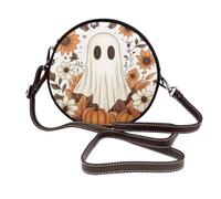 Ghost With Orange White Flowers Brown Leaves Women Round Crossbody Bags Leather Sling Bag Purse