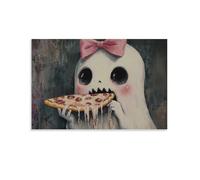 Ghost With Pink Bow Eating Pizza Adorable Haunting Cute Halloween Wall Art Paintings Canvas Prints Poster Artwork for Living Room Bedroom Bathroom Office Home Decor 20x30inch(50x75cm)