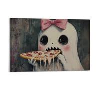 Ghost With Pink Bow Eating Pizza Adorable Haunting Cute Halloween Wall Art Paintings Canvas Prints Poster Artwork for Living Room Bedroom Bathroom Office Home Decor 12x18inch(30x45cm)
