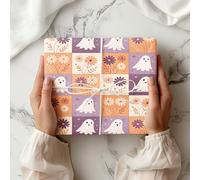 Ghost Wrapping Paper Sheet, Cute Ghosts & Flowers in Patchwork Style, Ideal for Halloween Parties & Spooky Gifts - W129 (Large Sheet - 58 x 85cm / 22.8" x 33.4" inches)