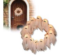 Ghost Wreath with Lights, 12 Small Illuminated White Ghost Wreath, Front Door, Hanging Decoration for Holiday, Front Door, Wall, Party, Battery Operated Halloween Decoration