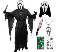 Ghostface Costume Adult, Ghost Face Terrifier Costumes Set with Mask, Toy Knife, Belt,Skeleton Necklace,Fluorescent Stickers, Horror Movie ghostface Outfit for Halloween Cosplay