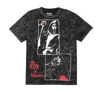 Ghostface Oversize Character Printed Patches with Red Text on Men's Black Mineral Wash Short Sleeve Tee, Ghostface Oversize Character, Medium
