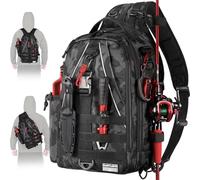 Ghosthorn Fishing Backpack Tackle Sling Bag - Fishing Backpack with Rod Holder - Tackle Box Fly Fishing Gifts for Men Women, Large Black Camouflage, M