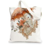 Ghostly Canvas Tote Bags, Cute Ghost Pattern Reusable Grocery Bags, Vintage Fanciful Lightweight Washable Shoulder Strap Canvas Bags for Gym Outdoor Travel Beach Picnic 13x15 Inch