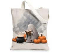 Ghostly Canvas Tote Bags, Cute Pumpkin Pattern Reusable Grocery Bags, Lightweight Washable Shoulder Strap Tote for Gym Outd, Beige, 13x15 Inch