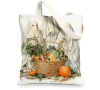 Ghostly Canvas Tote Bags, Fanciful Spooky Vegetable Pattern Reusable Shopping Bags, Vintage Art Lightweight Washable Shoulder Strap Canvas Bags for Market Travel Picnic 13x15 Inch