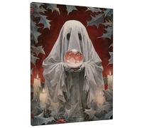 Ghostly Holiday Canvas Wall Art, Red Grey Spirit with Crystal Ball Poster Prints, Spooky Wall Art Home Decor for Living Room, Bedroom, Halloween, Wrapped Canvas 16x20 Inch