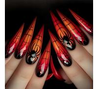 Ghostly Spiders Web Pattern Fake Nails Almond Shape Stylish Halloween Art Quick Application for Festive Event Red Almond Press on