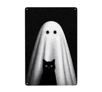 Ghostly White Figure With Black Cat Metal Signs Tin Wall Art Decor For Bathroom Toilet Washroom Farmhouse Restroom Yard 20x30 Cm