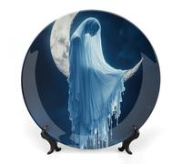 Ghostly Woman in The Moon Trendy Bone China Decorative Plate with Display Stand Ceramic Decor Plate Art Crafts 7inch
