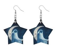 Ghostly Woman In The Moon Trendy Wooden Earrings for Women Boho Charms Studs Lightweight Dangle Drop Pendant Star